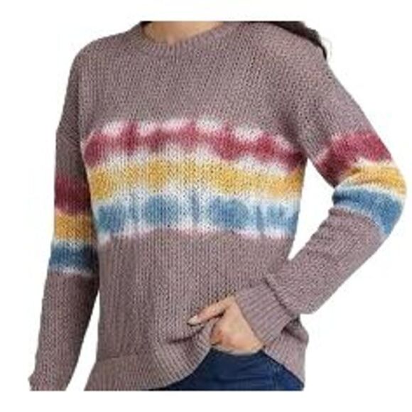 KNOX ROSE LIGHTWEIGHT OPEN KNIT COTTON SWEATER RAINBOW TIE-DYE STRIPED CREWNECK - Picture 1 of 15